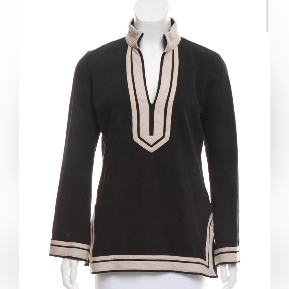 Black & tan Tory Burch tunic top with contrast trim throughout & vents at side.
